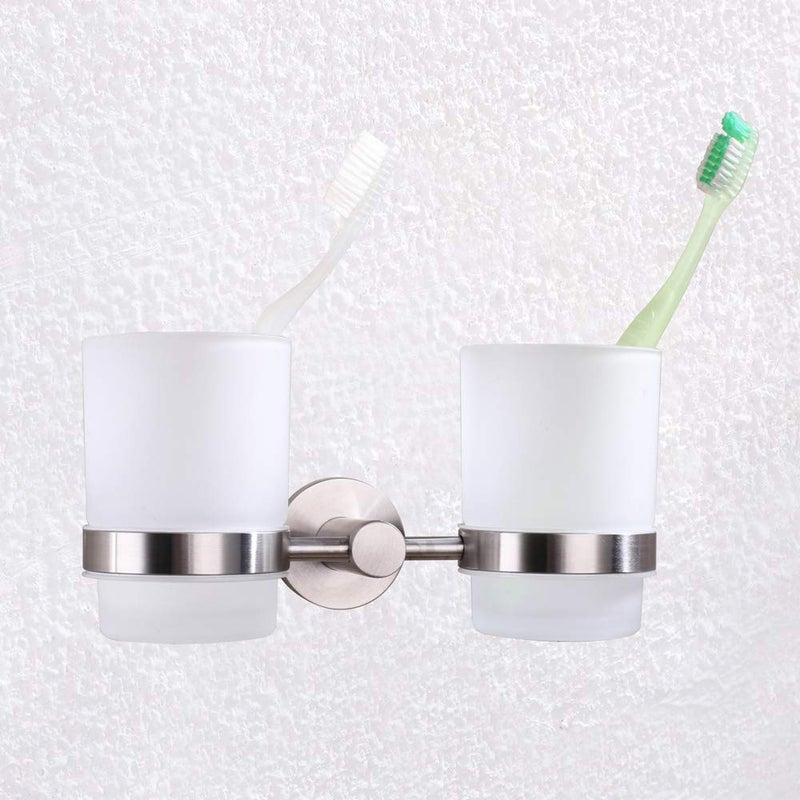 Angle Simple Double Toothbrush Holder, Angle Simple SUS304 Stainless Steel Wall Mounted Glass Tumbler Holder with Frosted Glass Cup Toothpaste Razor Organizer Bathroom Storage, Brushed Nickel - Image 4